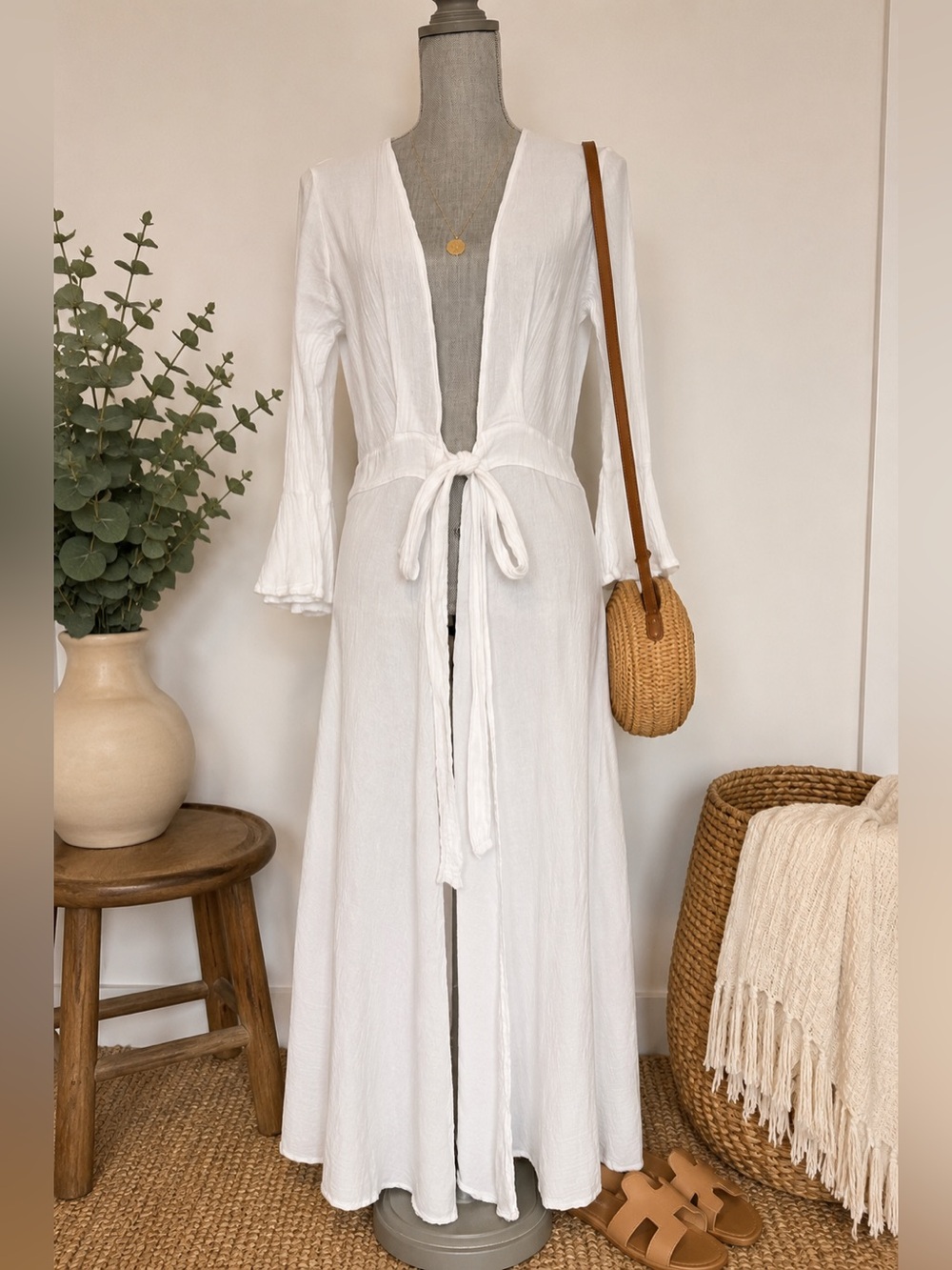 Cotton Natural White Bell Sleeve Tie Front Duster | Boho Beach Cover Up - Picture 2 of 7